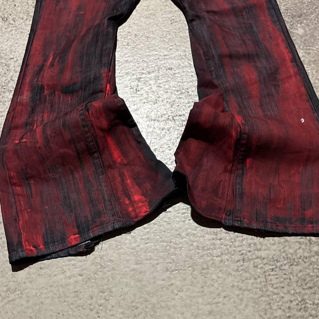 Czarno-czerwone, rozszerzane, ręcznie robione jeansy: Y2K Goth Punk Alt Streetwear