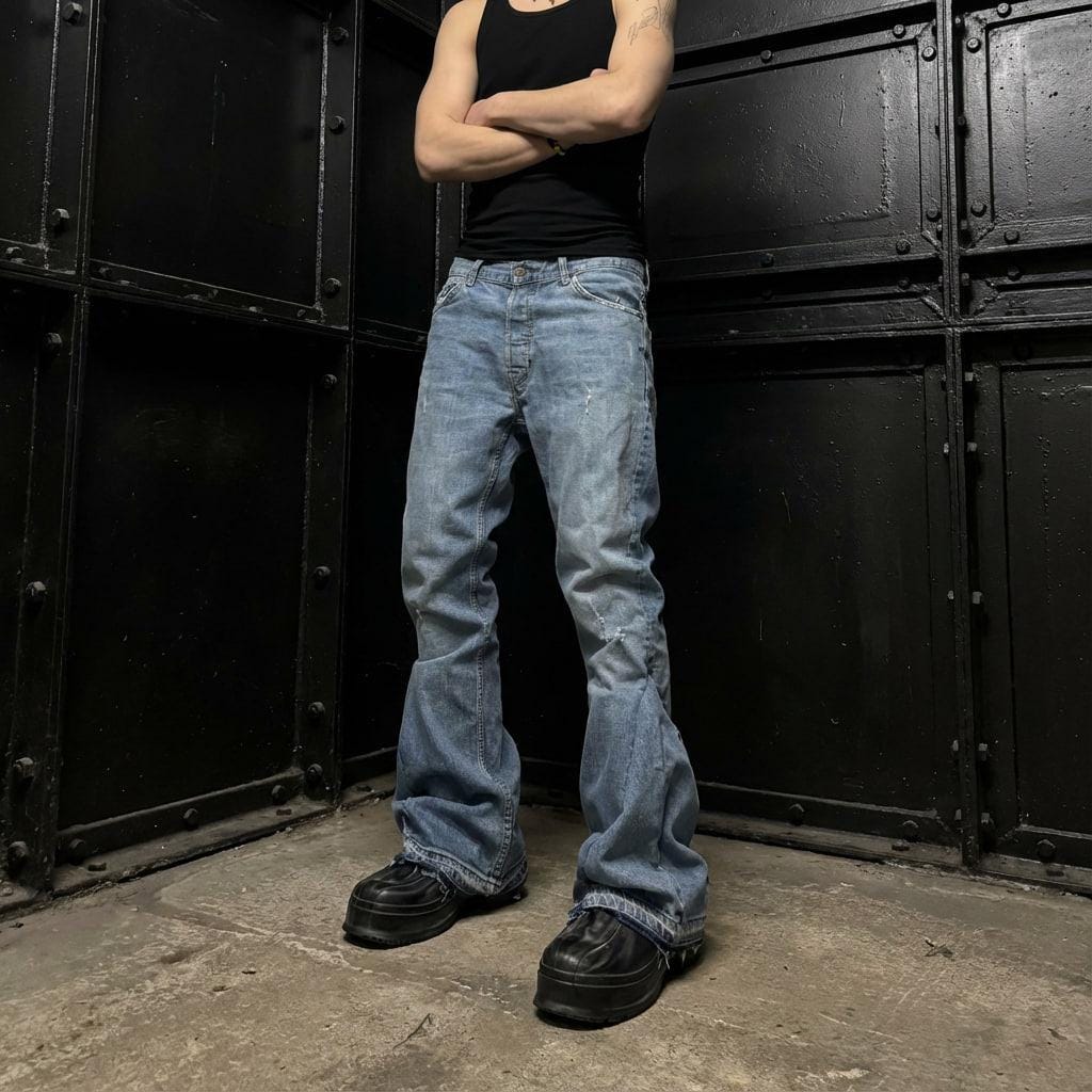 Jasnoniebieskie, spersonalizowane spodnie z szerokimi nogawkami: ręcznie robiony denim w stylu grunge