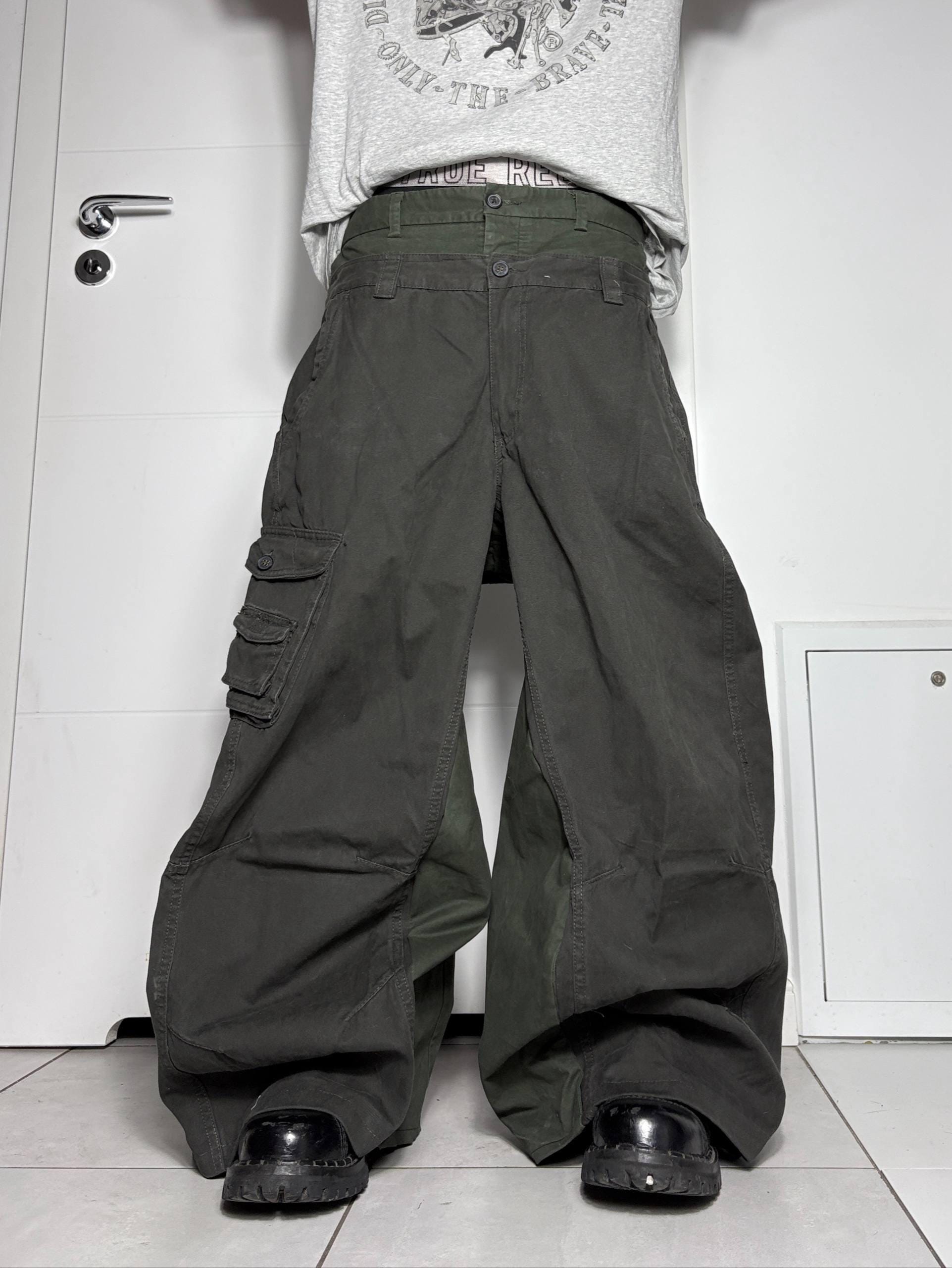 Ciemnozielone szerokie spodnie cargo z podwójnym stanem – ręcznie robione, workowate, Y2K Techwear