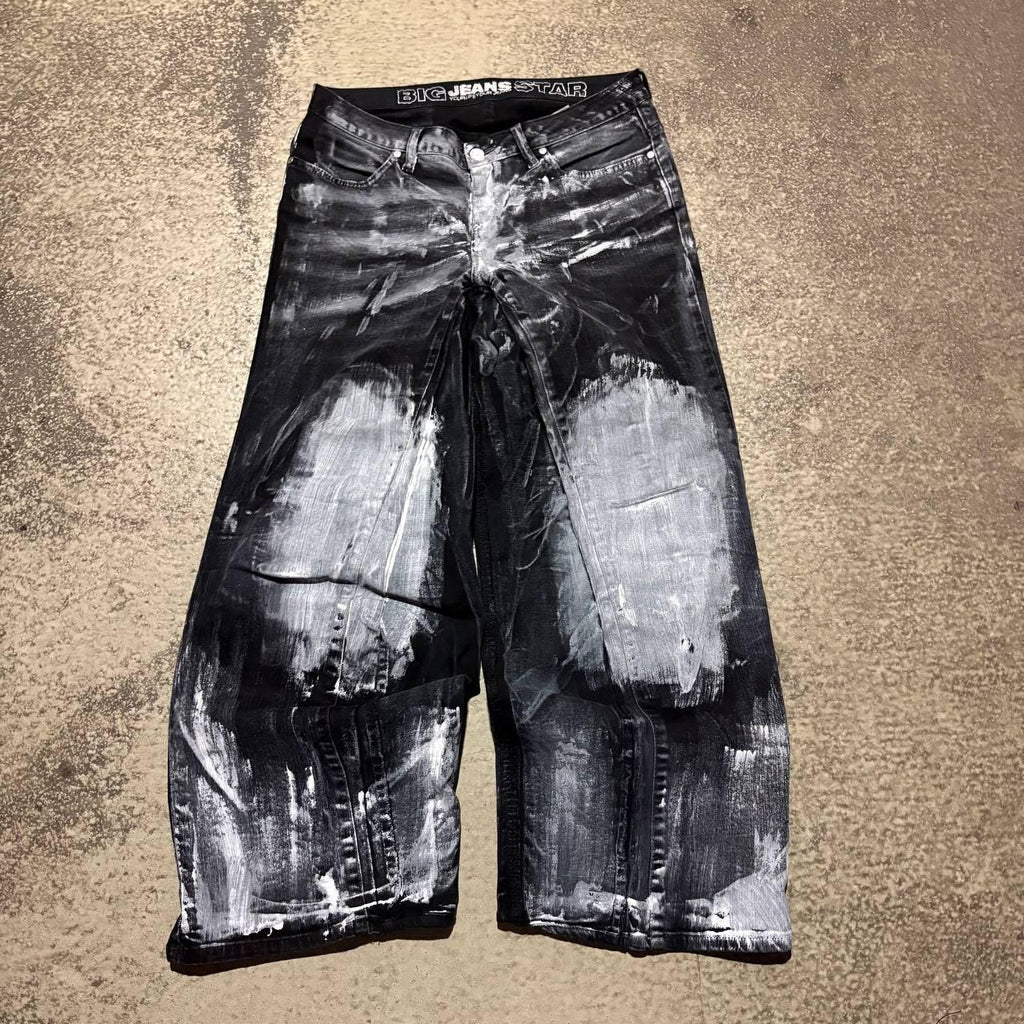 Ręcznie robione czarne, luźne jeansy – Y2K Goth Grunge Alt Streetwear