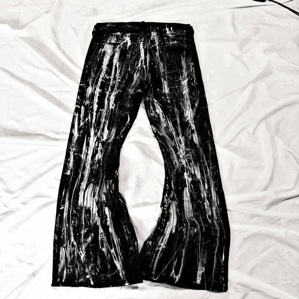 Malowane ręcznie czarne jeansy z szerokimi nogawkami – spodnie baggy streetwear w stylu grunge punk goth