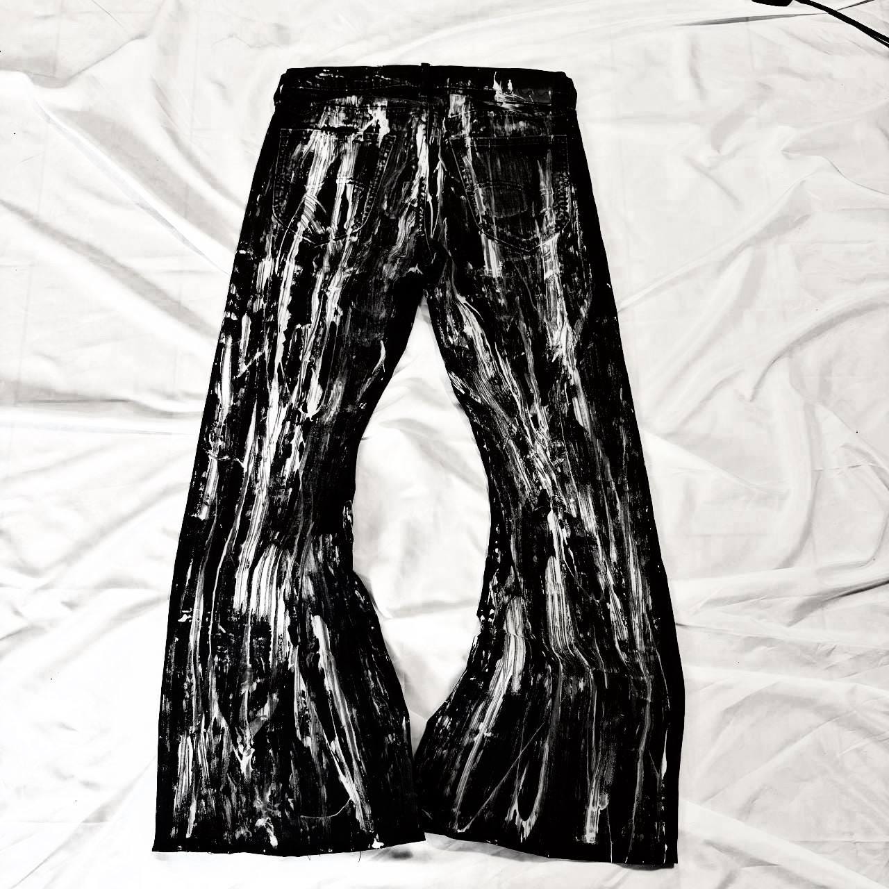 Malowane ręcznie czarne jeansy z szerokimi nogawkami – spodnie baggy streetwear w stylu grunge punk goth