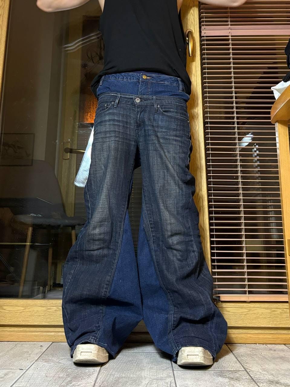 Ręcznie robione niebieskie jeansy z szerokimi nogawkami: Y2K Goth Punk Alt Streetwear