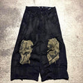 Ręcznie robione czarne jeansy dzwony w kamuflażu: spodnie gotyckie w stylu grunge z 2000 roku