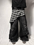 Ręcznie robione czarne dżinsy typu baggy z łatką w kratę: punk gotycki grunge z roku 2000