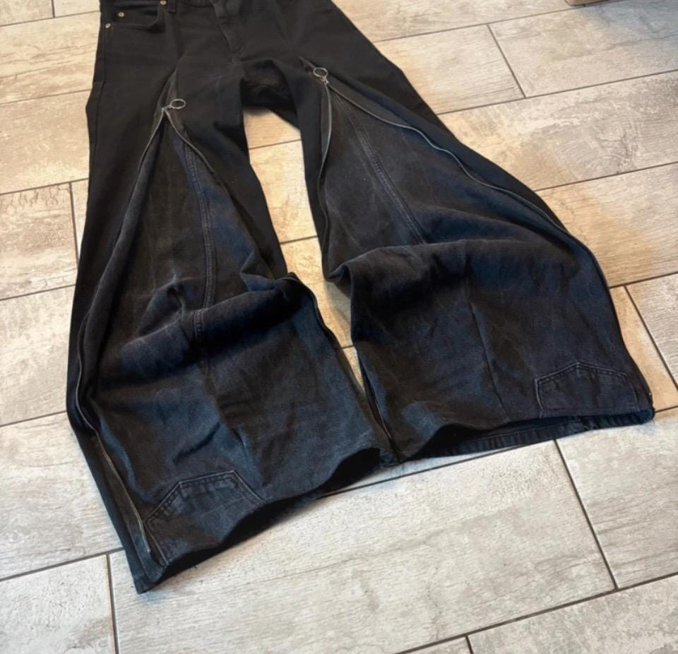 Ręcznie robione czarne spodnie z szerokimi nogawkami i suwakiem: Goth Punk Y2K Streetwear