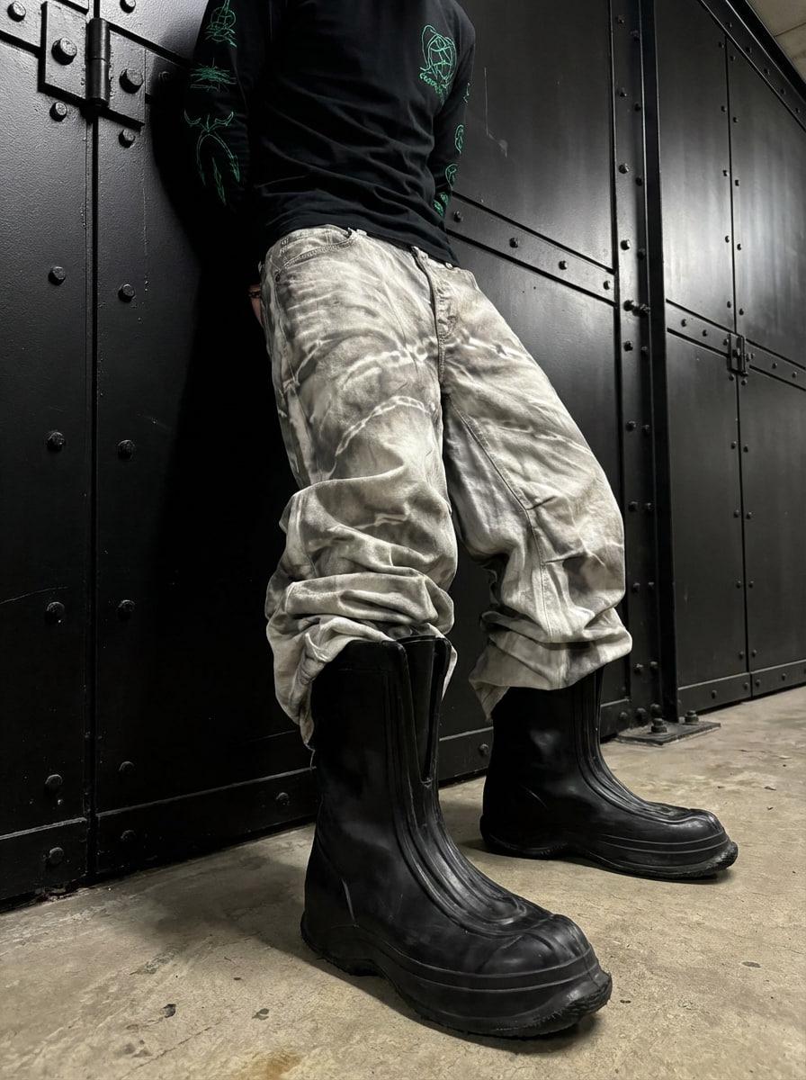 Białe, szerokie, wzorzyste jeansy – ręcznie robione spodnie w stylu gotyckim i grunge z lat 2000