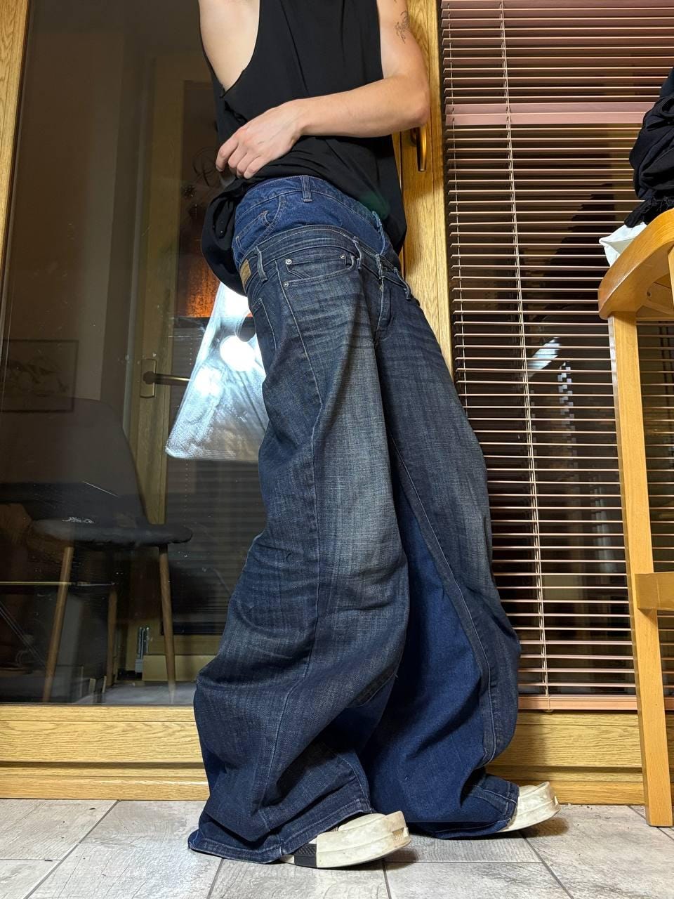 Ręcznie robione niebieskie jeansy z szerokimi nogawkami: Y2K Goth Punk Alt Streetwear