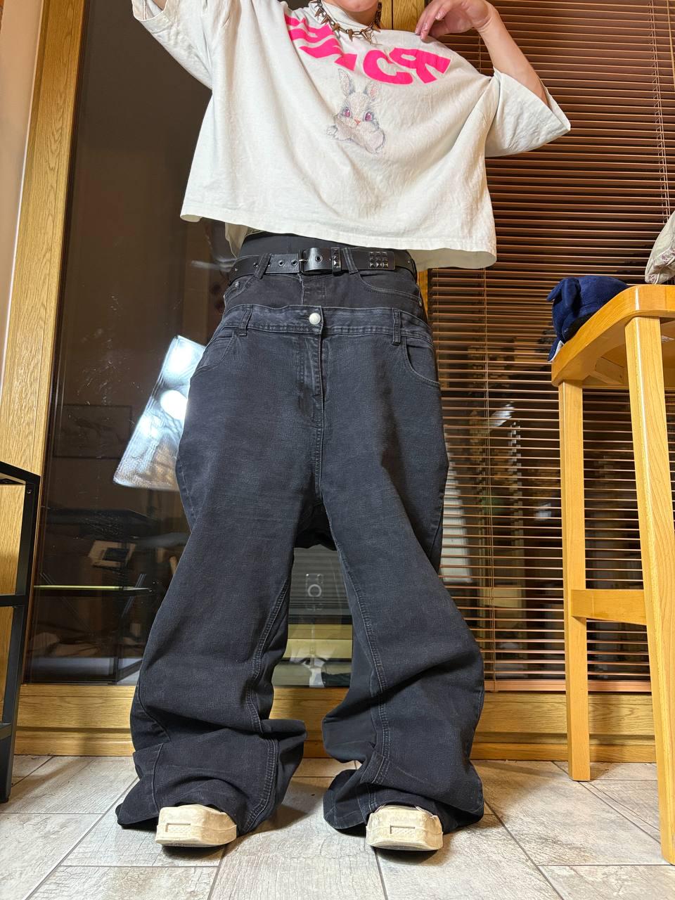 Ręcznie robione czarne jeansy z szerokimi nogawkami: Y2K Goth Grunge Streetwear