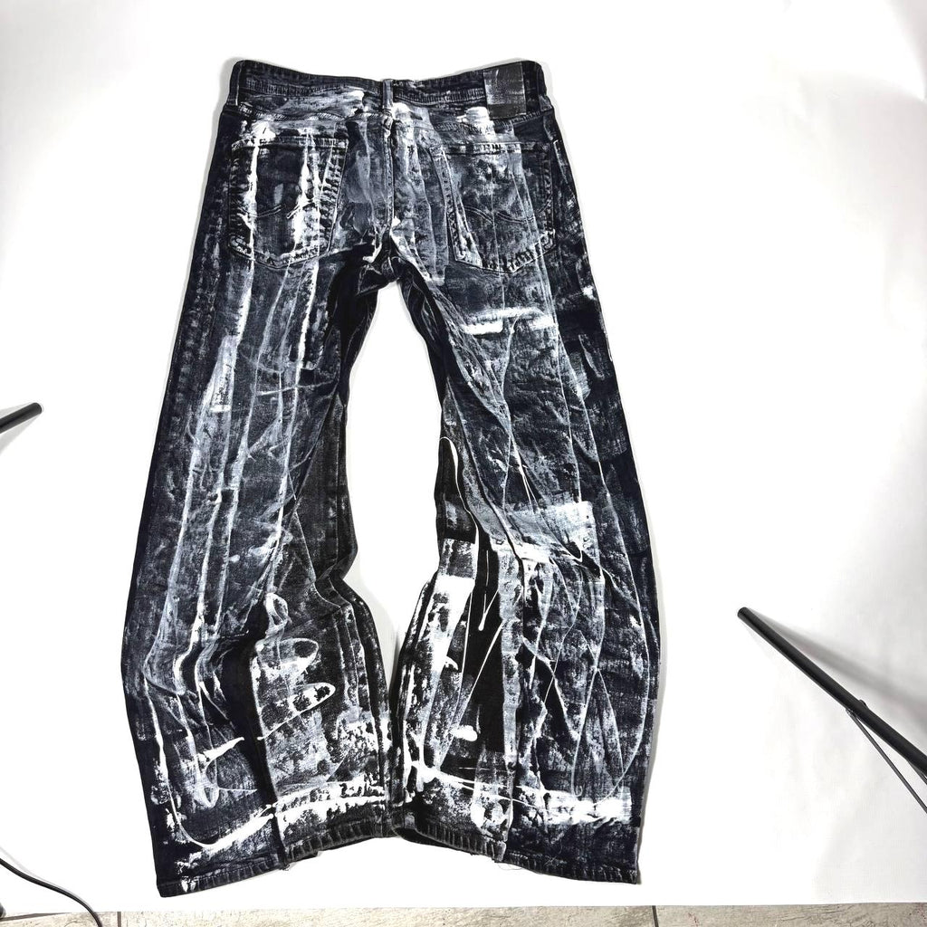 Ręcznie malowane rozszerzane jeansy: Y2K Goth Grunge Alt Streetwear