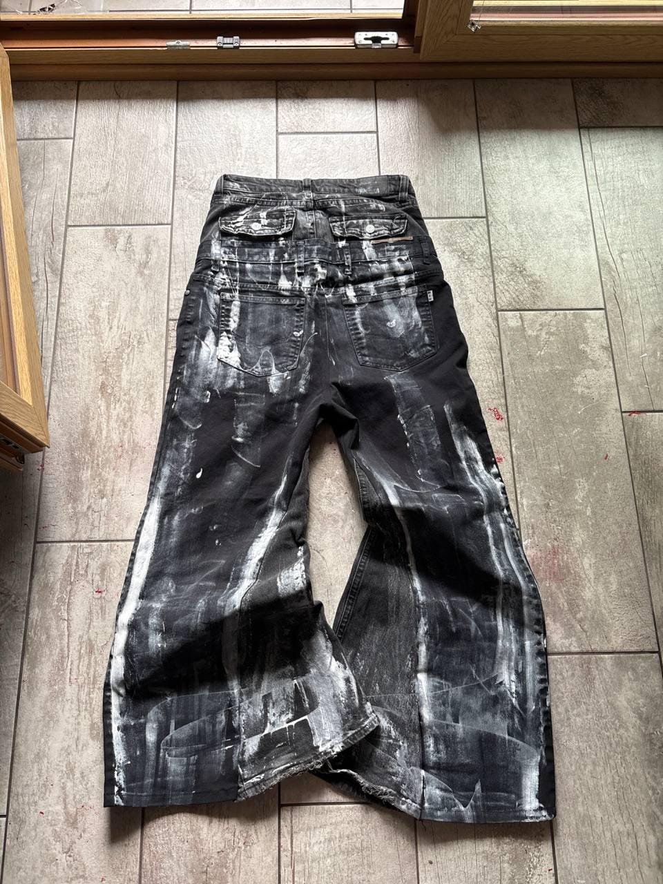 Czarne, postarzane jeansy robocze – szerokie, w stylu grunge | Podarte jeansy streetwear punk gotyk Y2K