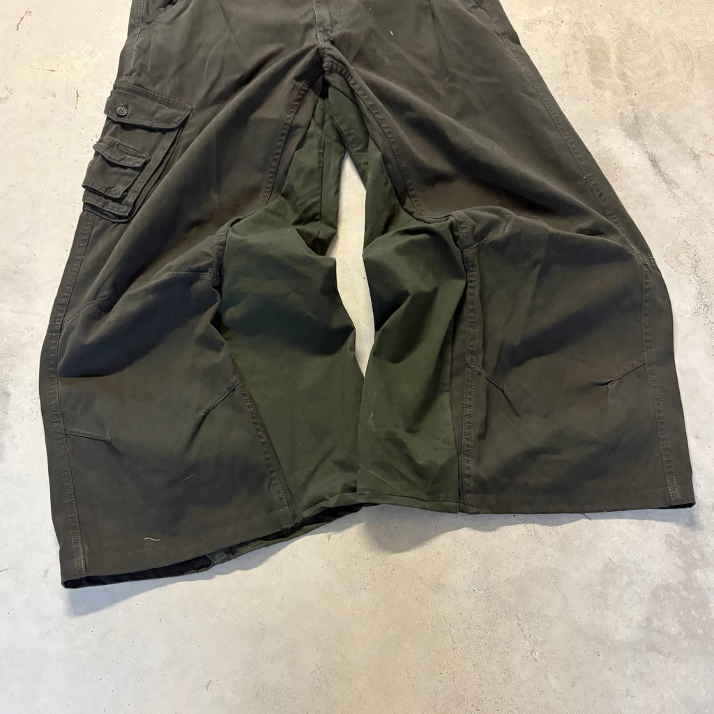 Ciemnozielone szerokie spodnie cargo z podwójnym stanem – ręcznie robione, workowate, Y2K Techwear