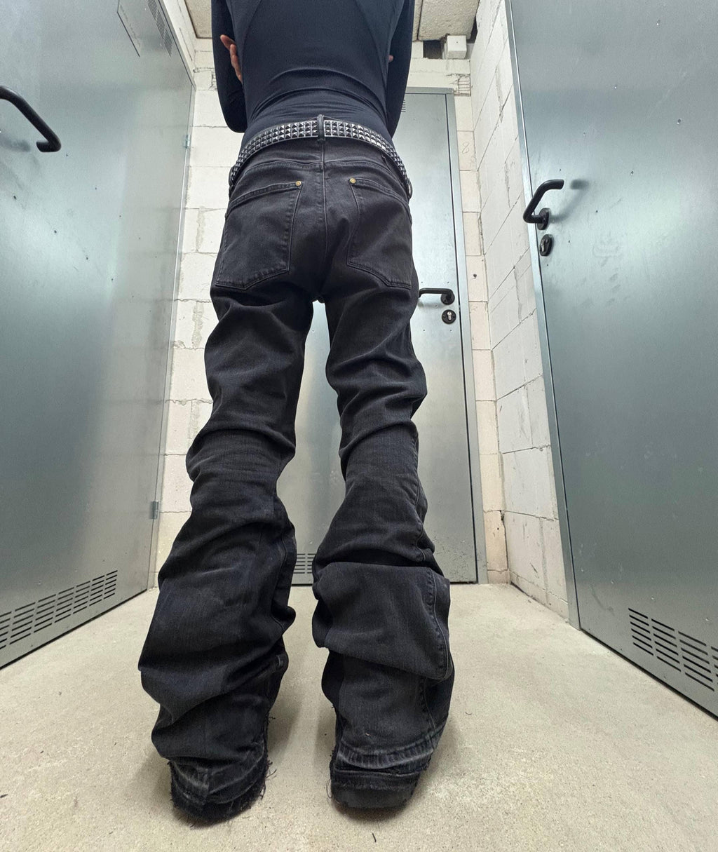 Czarne, rozszerzane, luźne, ręcznie robione jeansy: Y2K Goth Punk Streetwear