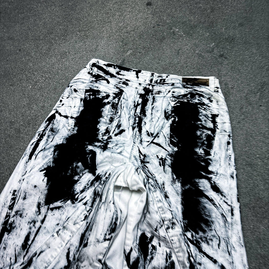 Białe jeansy z szerokimi nogawkami, ręcznie robione: Grunge Goth Y2K
