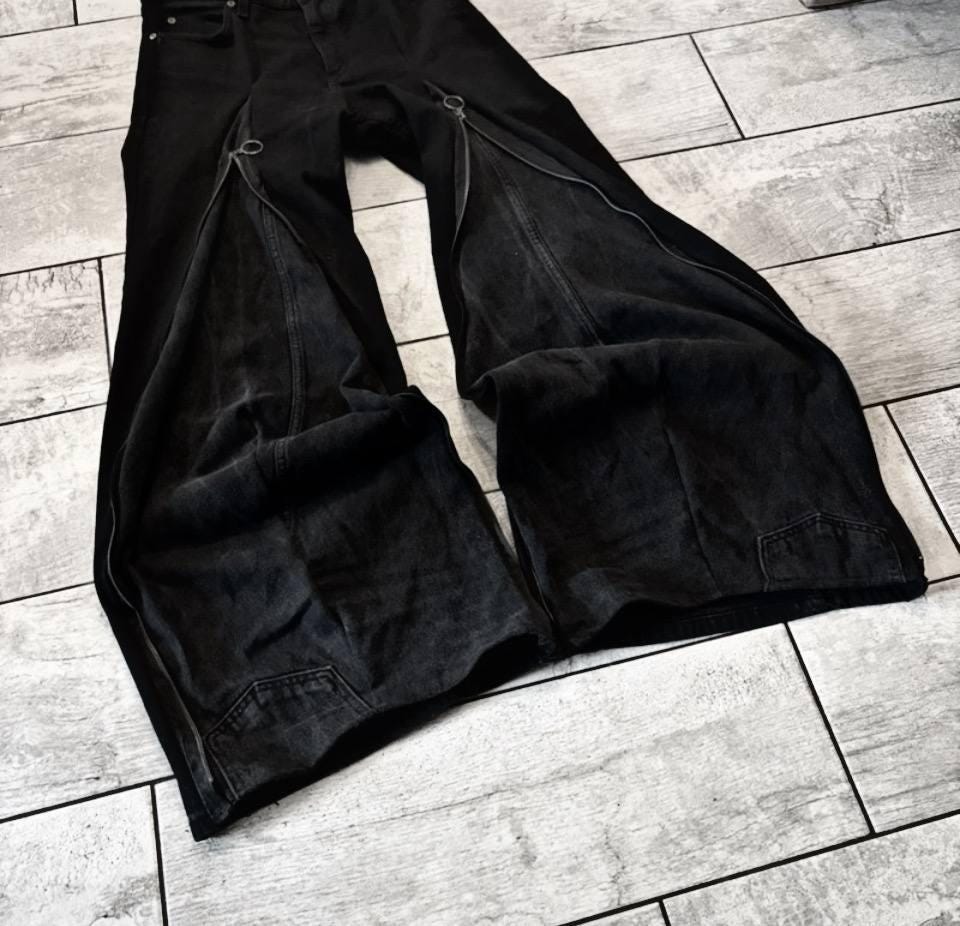 Ręcznie robione czarne spodnie z szerokimi nogawkami i suwakiem: Goth Punk Y2K Streetwear