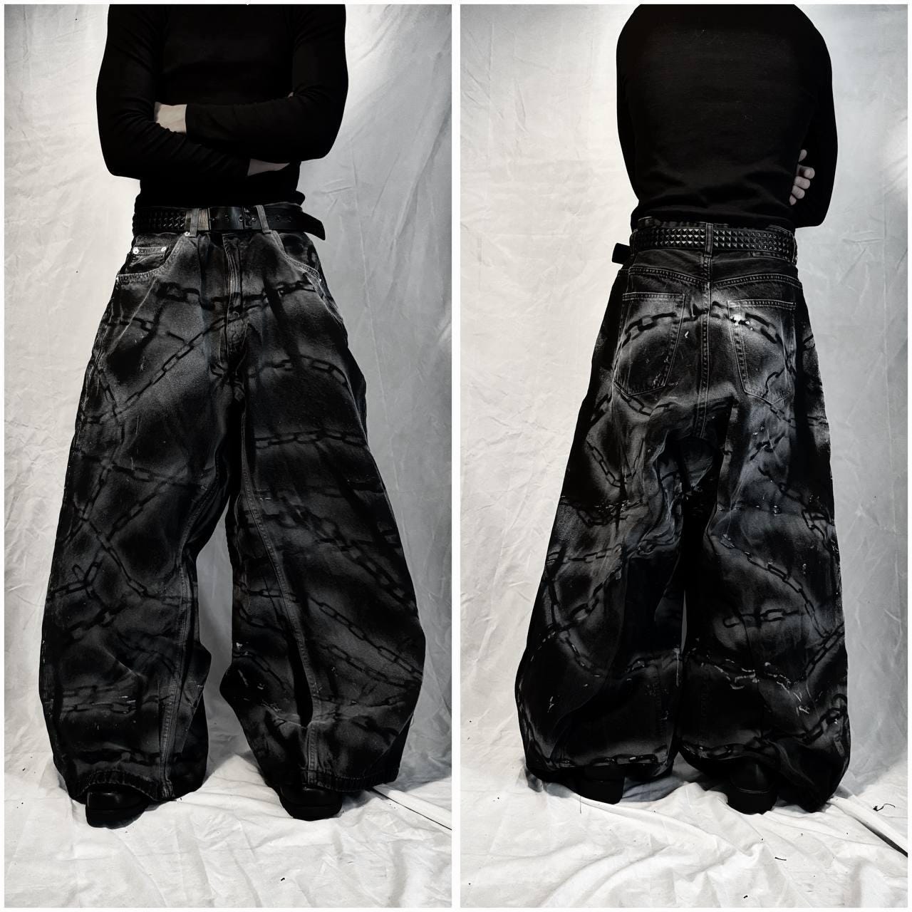 Ręcznie robione czarne, luźne jeansy punkowe: gotycka odzież uliczna z lat 2000 z łańcuchami