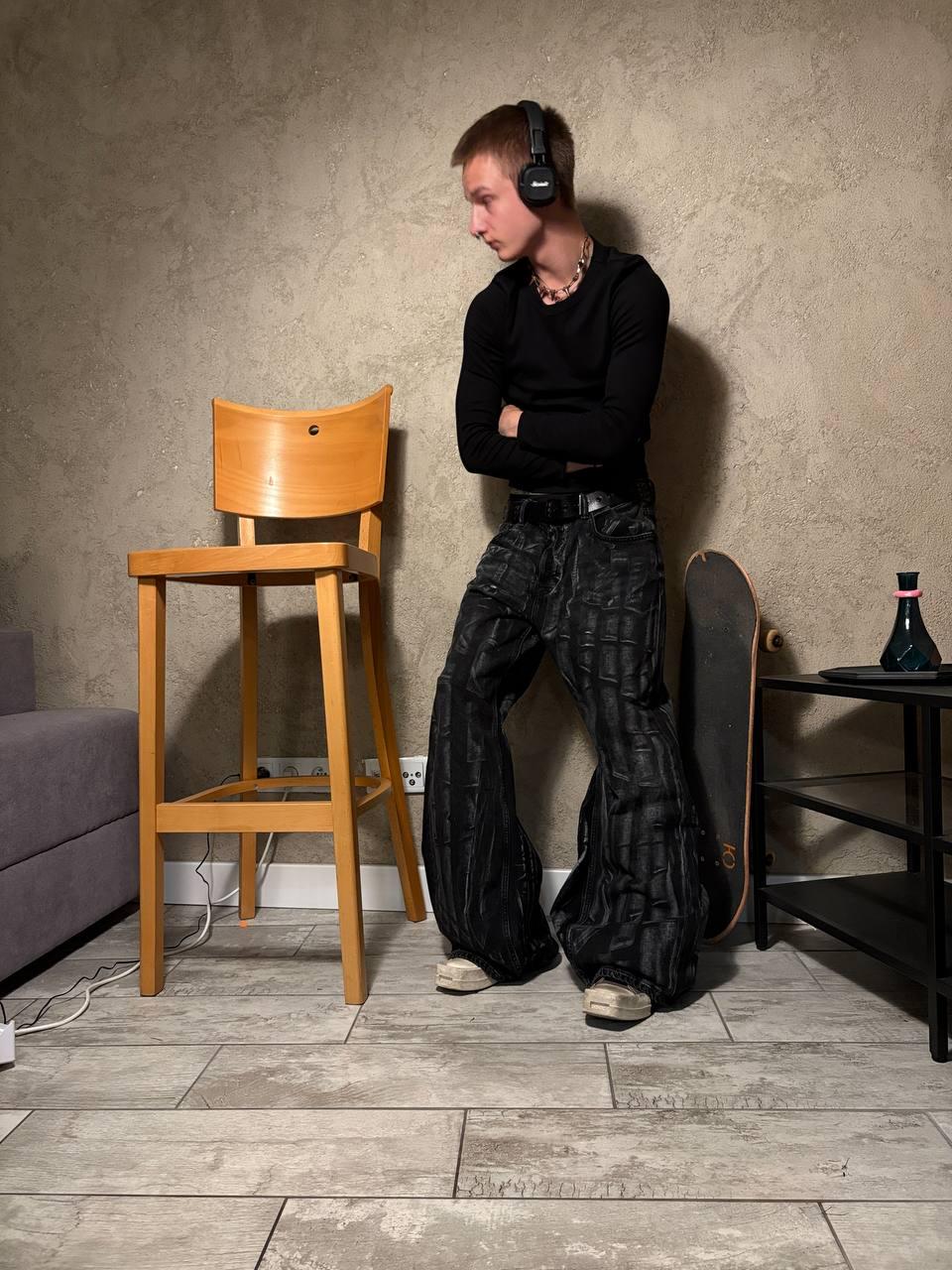 Ręcznie robione czarne spodnie baggy: Punk Goth Cyber Y2K z podwójnym paskiem