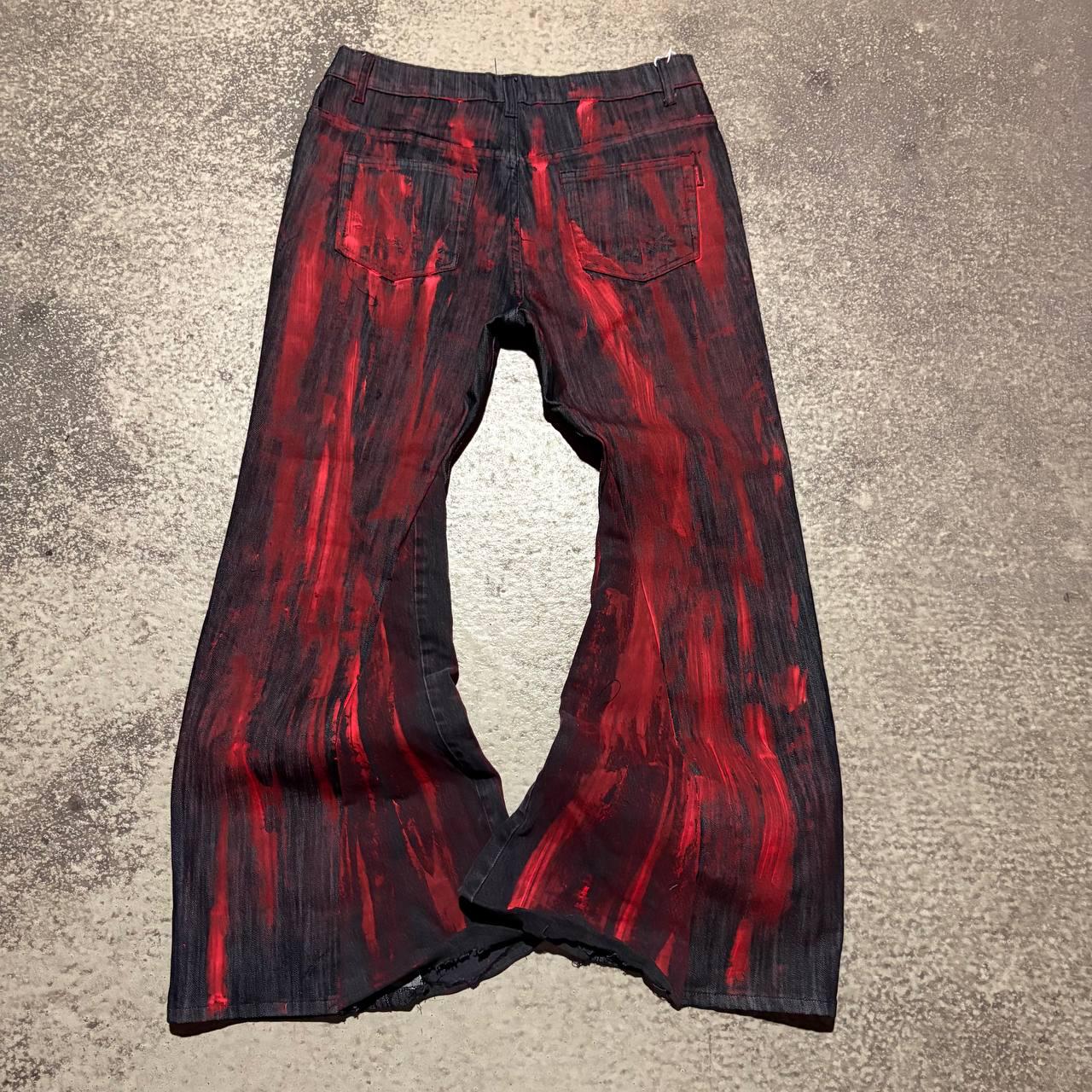 Czarno-czerwone, rozszerzane, ręcznie robione jeansy: Y2K Goth Punk Alt Streetwear