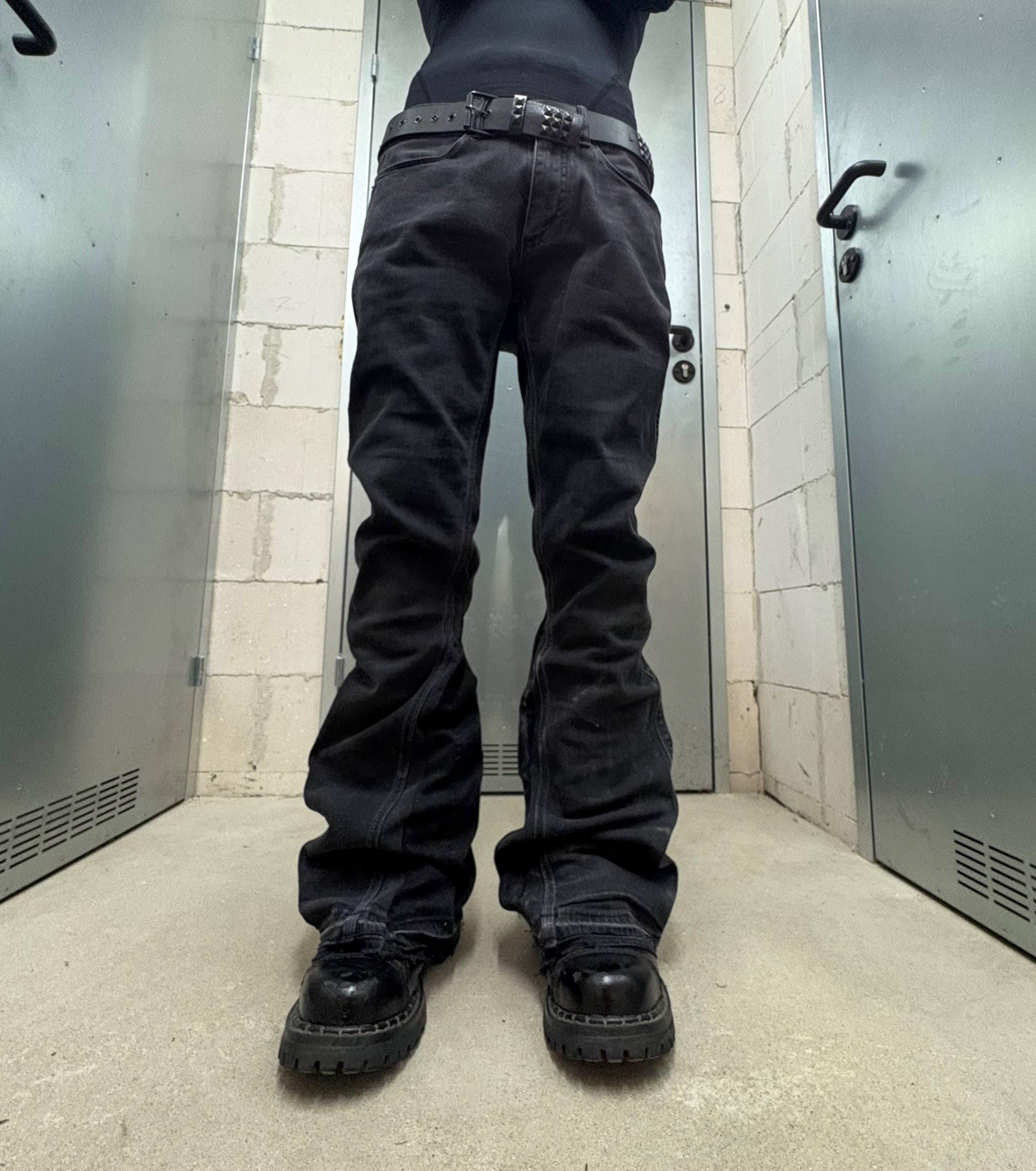 Czarne, rozszerzane, luźne, ręcznie robione jeansy: Y2K Goth Punk Streetwear