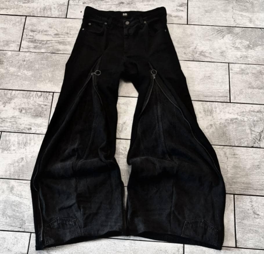 Ręcznie robione czarne spodnie z szerokimi nogawkami i suwakiem: Goth Punk Y2K Streetwear