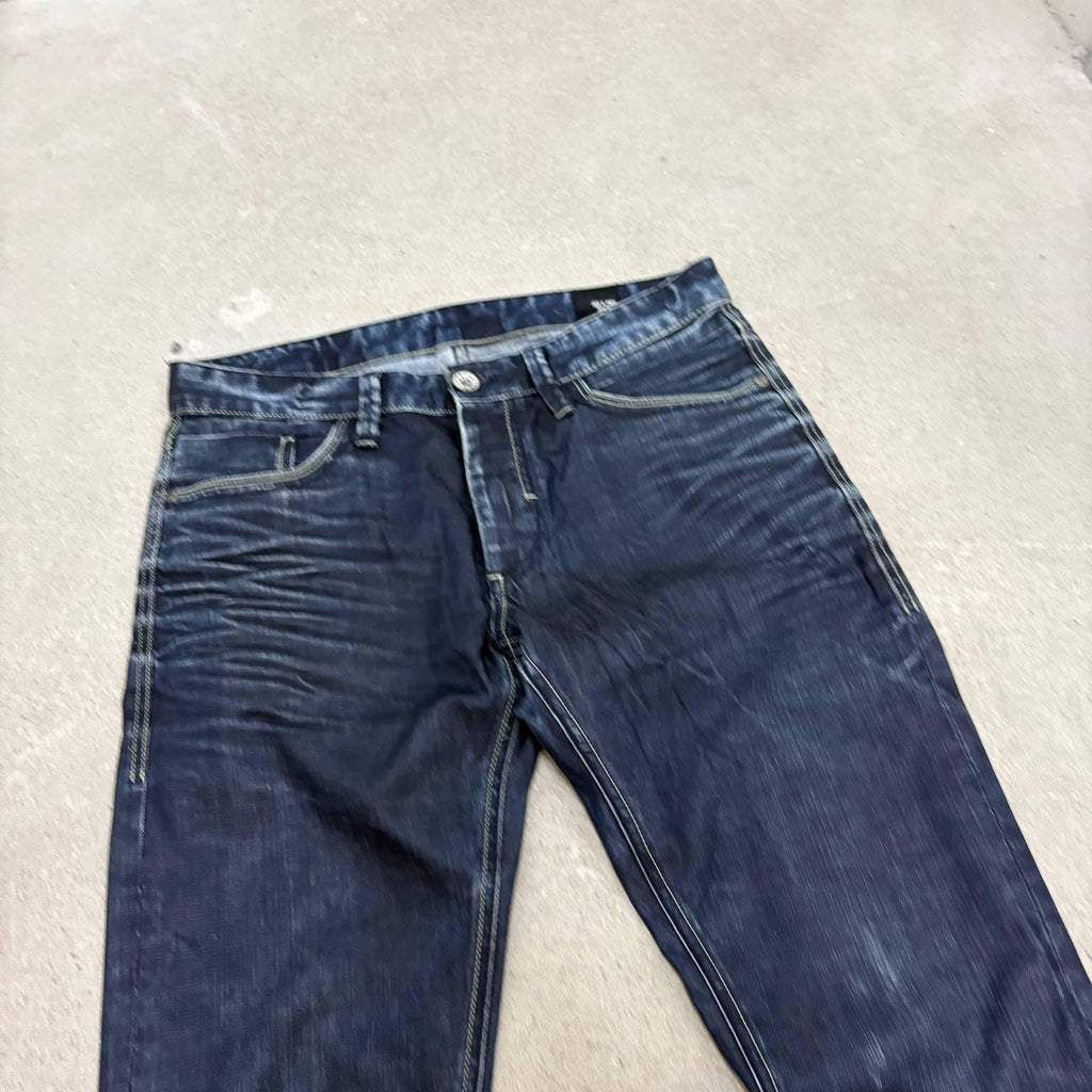 Ciemnoniebieskie spodnie z szerokimi nogawkami Custom: ręcznie robiony denim w stylu grunge