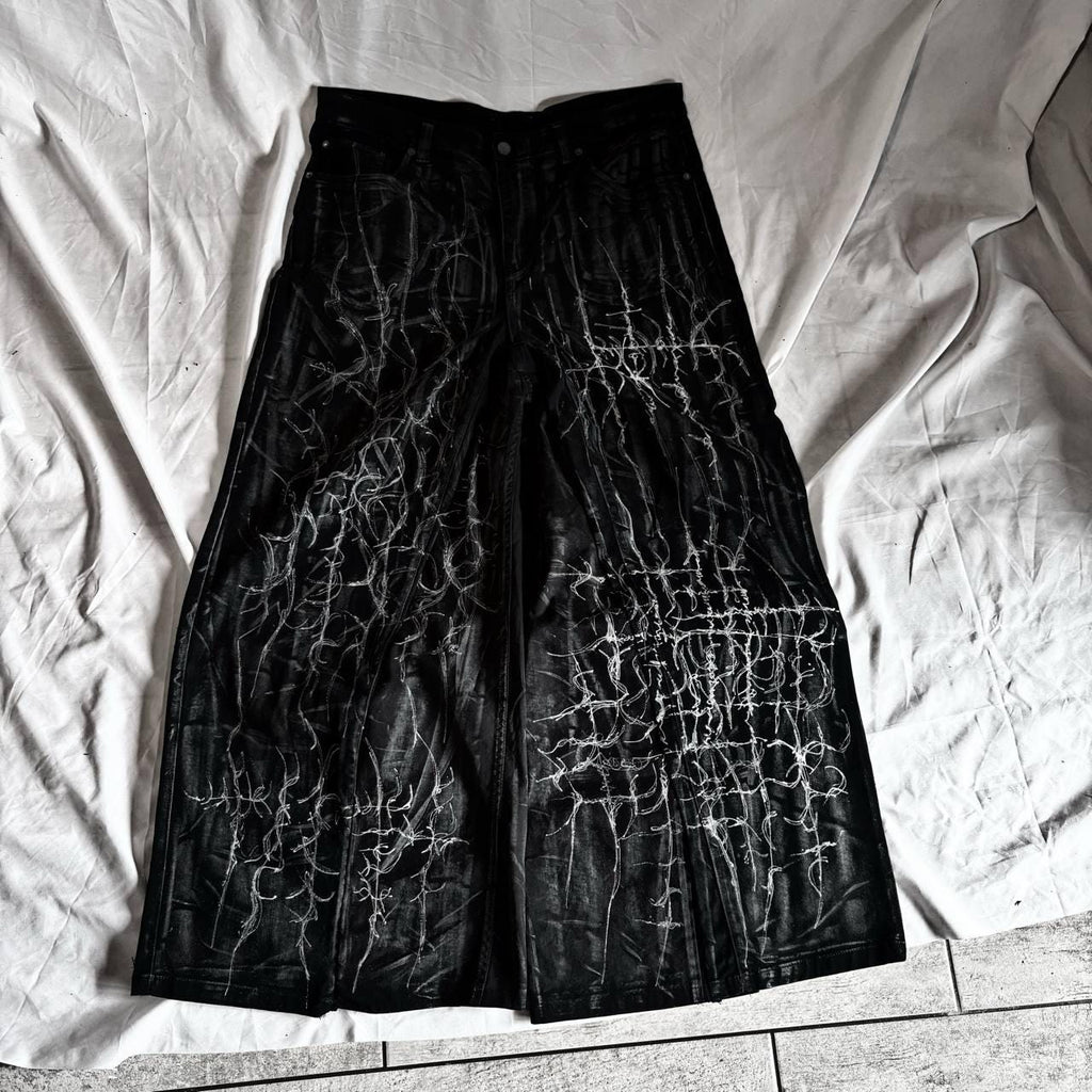 Ręcznie robione jeansy z szerokimi nogawkami i nadrukiem cybernetycznym: Goth Punk Grunge Streetwear