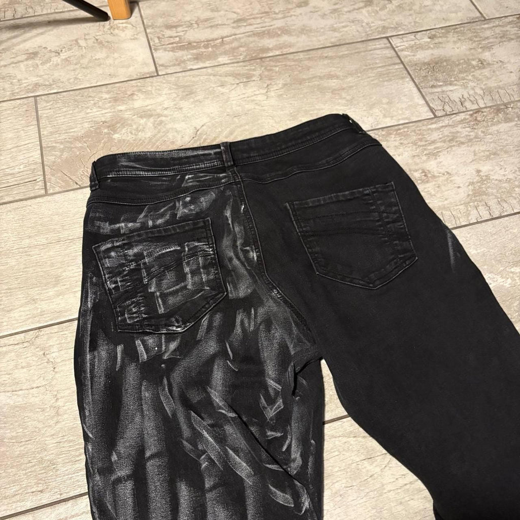 Ręcznie robione woskowane czarne spodnie z szerokimi nogawkami: Gotycki styl Y2K Alt Streetwear