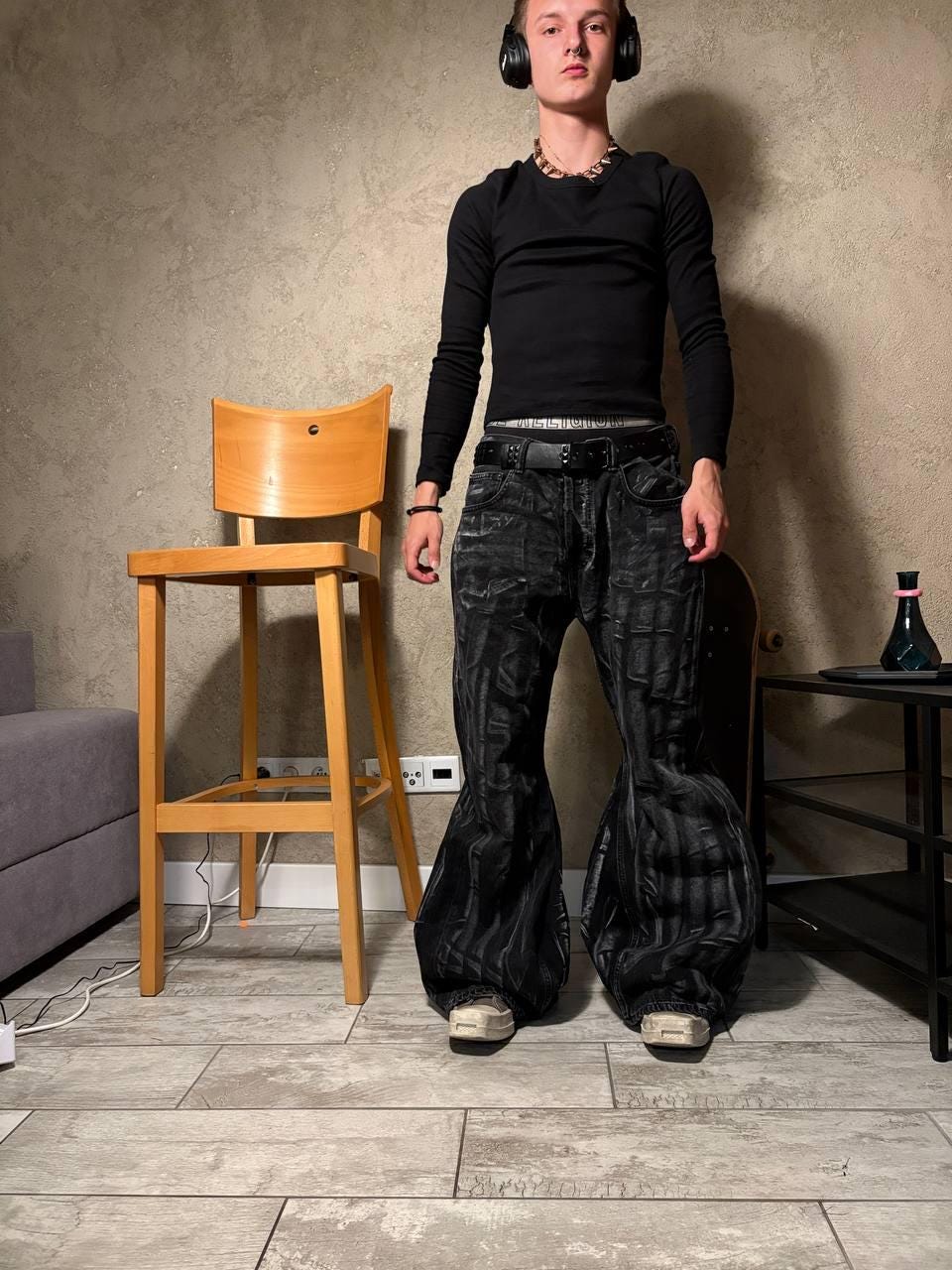 Ręcznie robione czarne spodnie baggy: Punk Goth Cyber Y2K z podwójnym paskiem