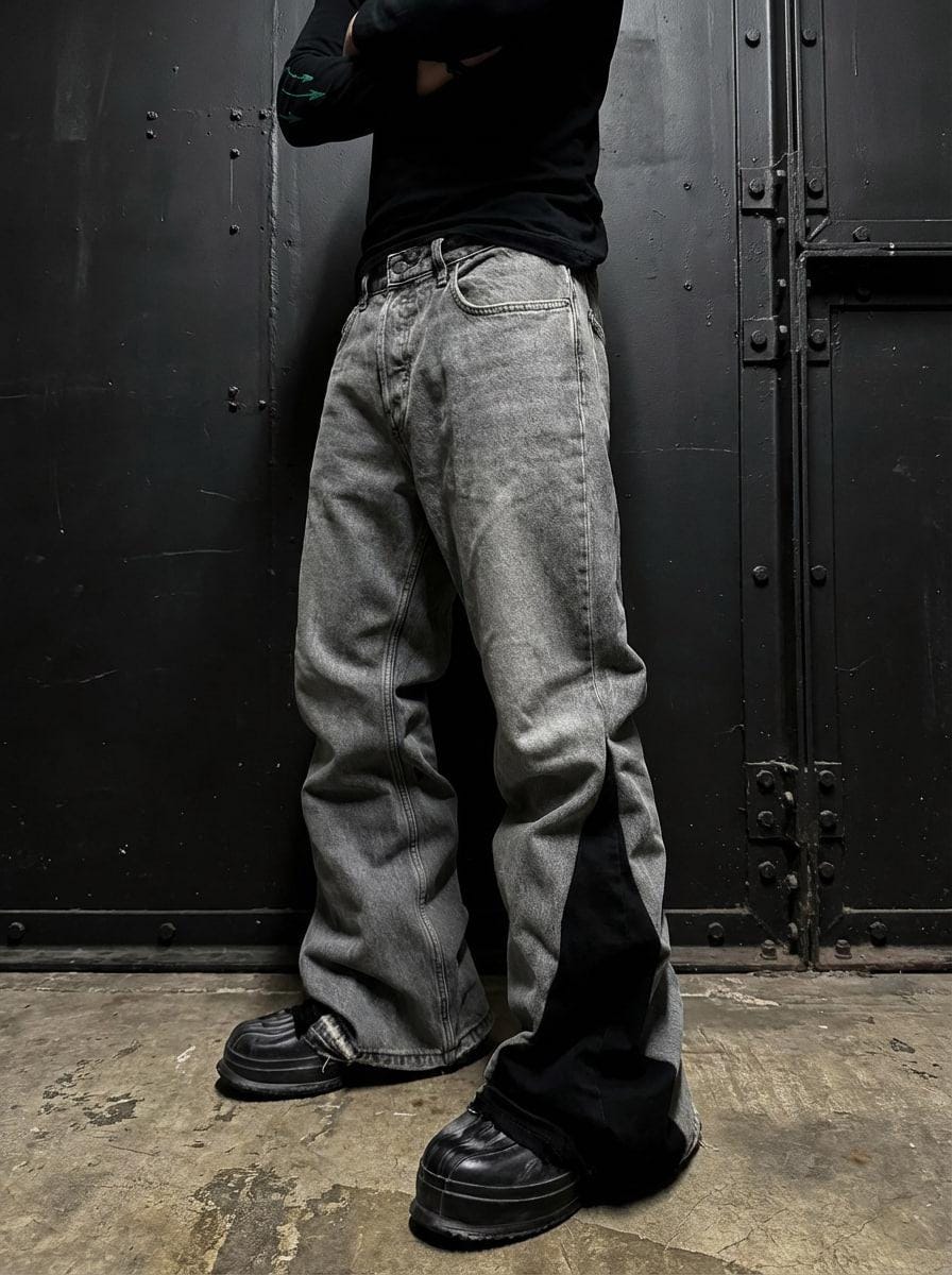 Jeansy Bootcut w kolorze szarym, dzwony, ręcznie robione: Y2K Goth Punk Grunge