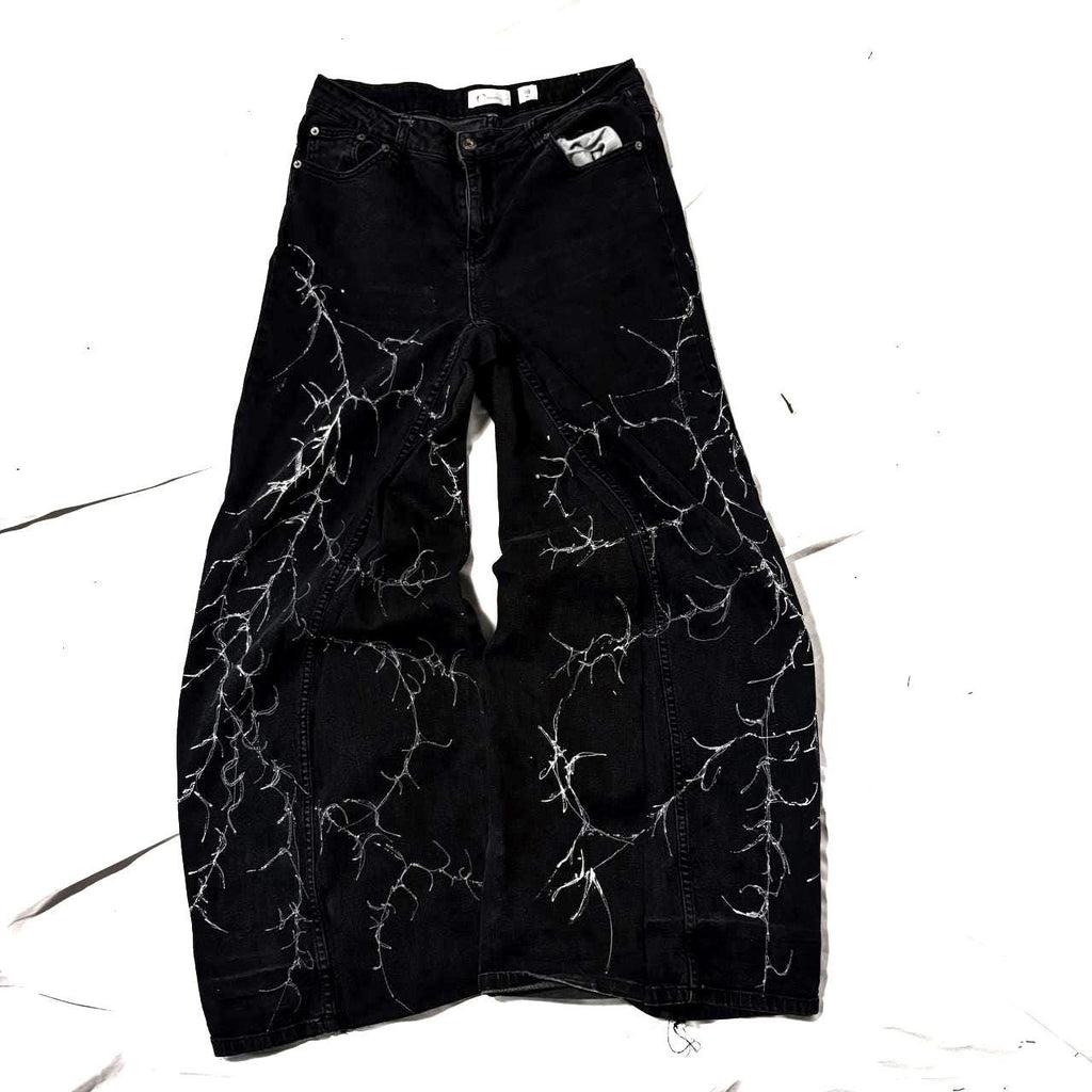 Ręcznie robione spodnie baggy z nadrukiem Cyber Sigilism: Y2K Grunge Techwear