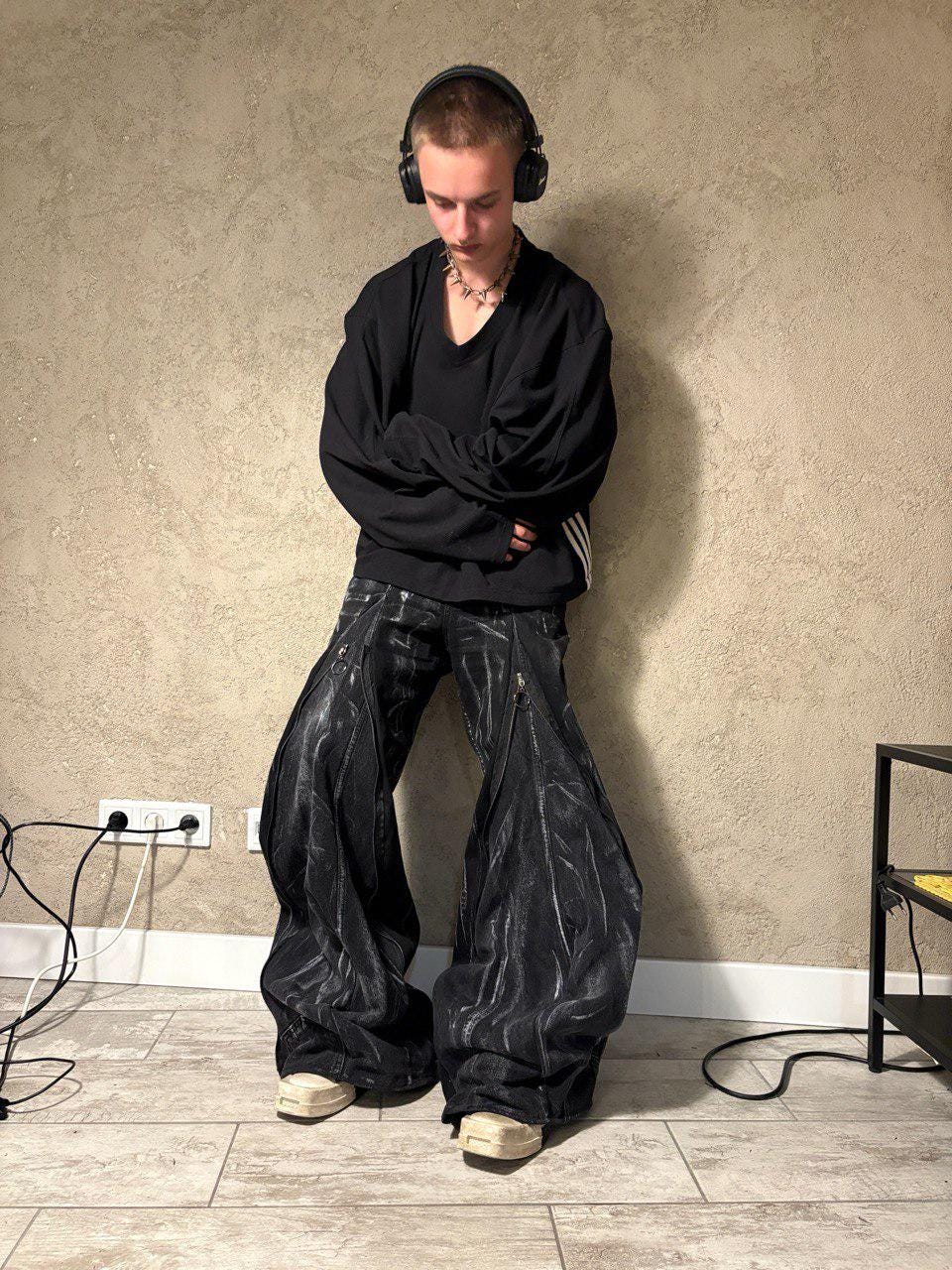 Ręcznie robione czarne spodnie baggy: odzież uliczna Gothic Punk Cyber Y2K