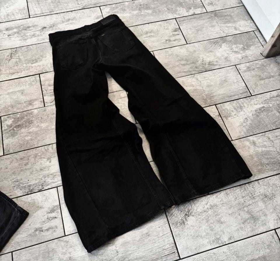 Ręcznie robione czarne spodnie z szerokimi nogawkami i suwakiem: Goth Punk Y2K Streetwear