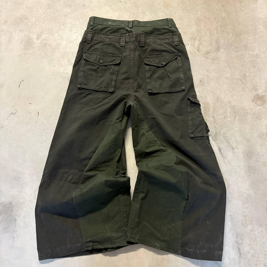 Ciemnozielone szerokie spodnie cargo z podwójnym stanem – ręcznie robione, workowate, Y2K Techwear