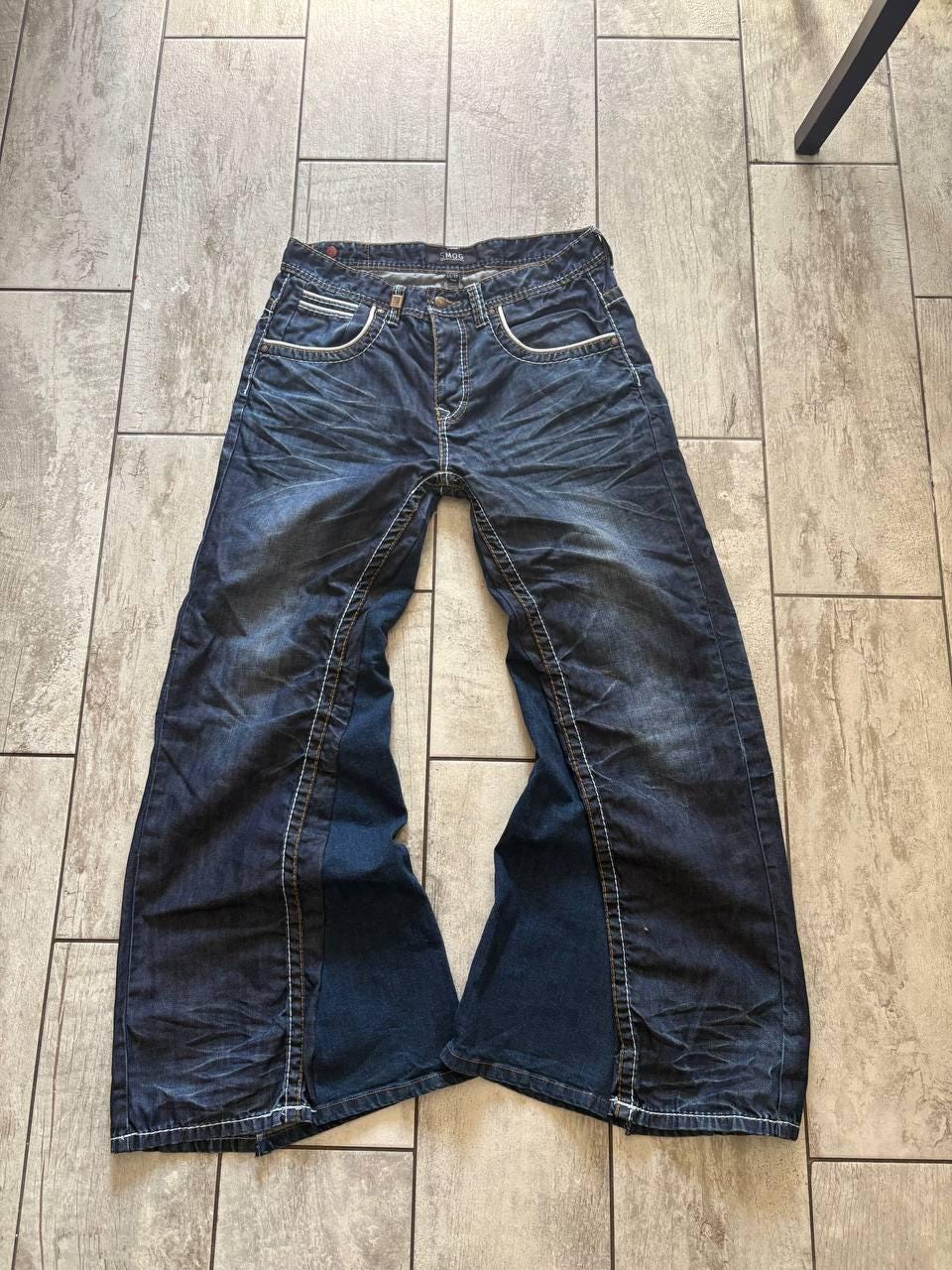 Granatowe, rozszerzane jeansy Baggy – ręcznie robione spodnie z szerokimi nogawkami w stylu gotyckim Y2K Punk