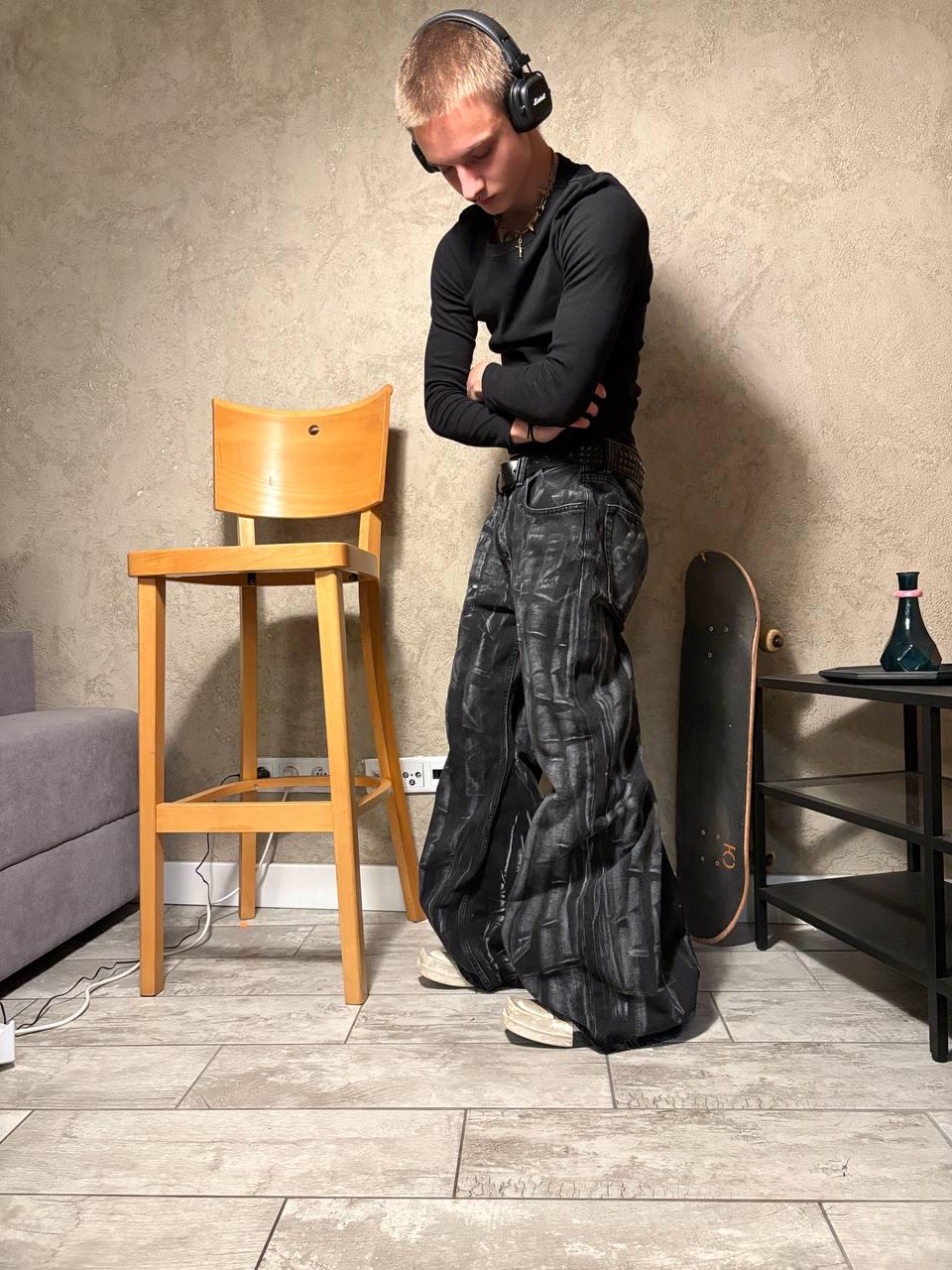 Ręcznie robione czarne spodnie baggy: Punk Goth Cyber Y2K z podwójnym paskiem