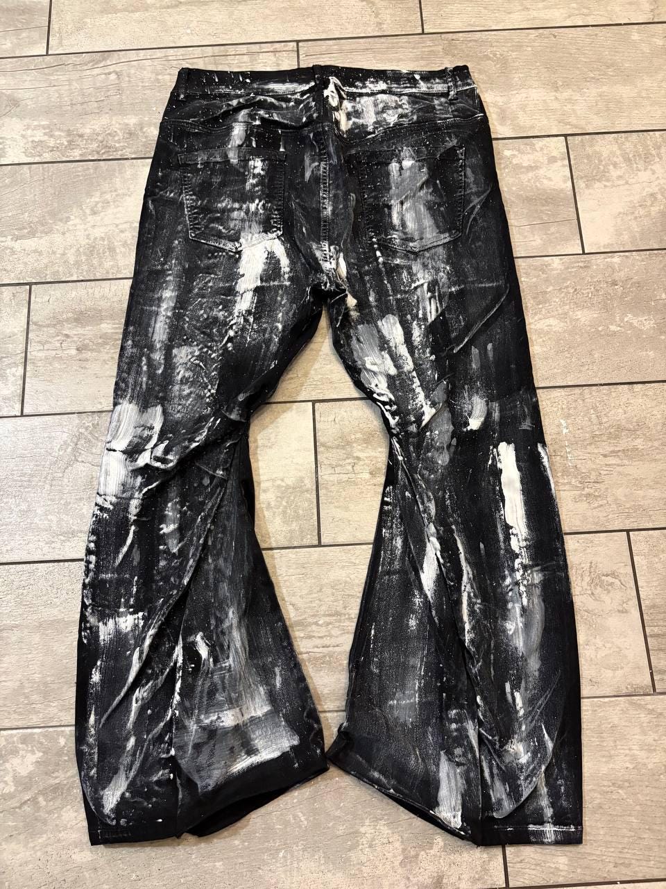 Malowane ręcznie czarne jeansy z szerokimi nogawkami – spodnie baggy streetwear w stylu grunge punk goth