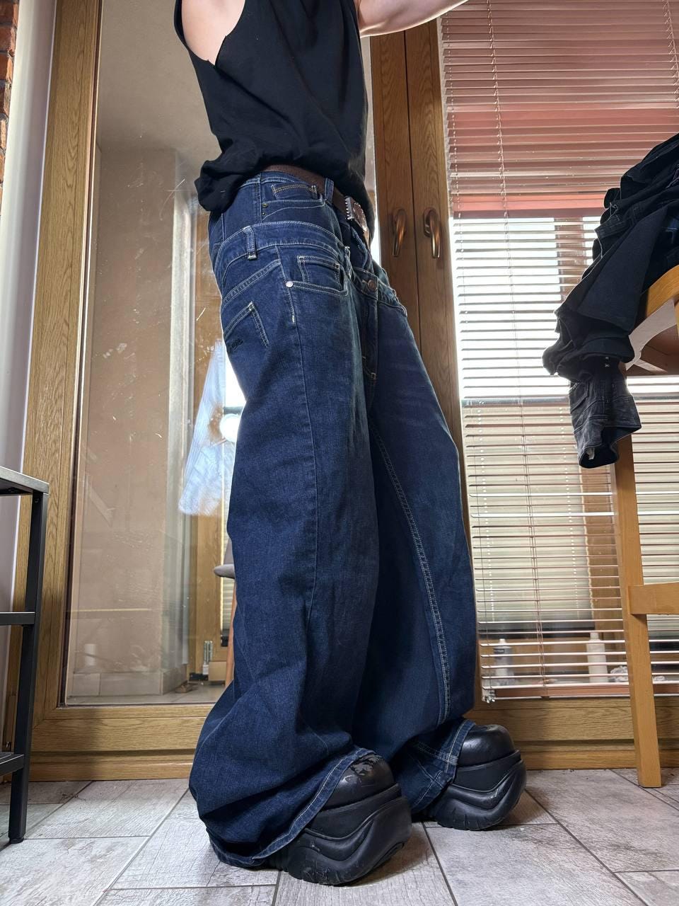 Ręcznie robione jeansy z szerokimi nogawkami: Y2K Goth Grunge Alt Streetwear