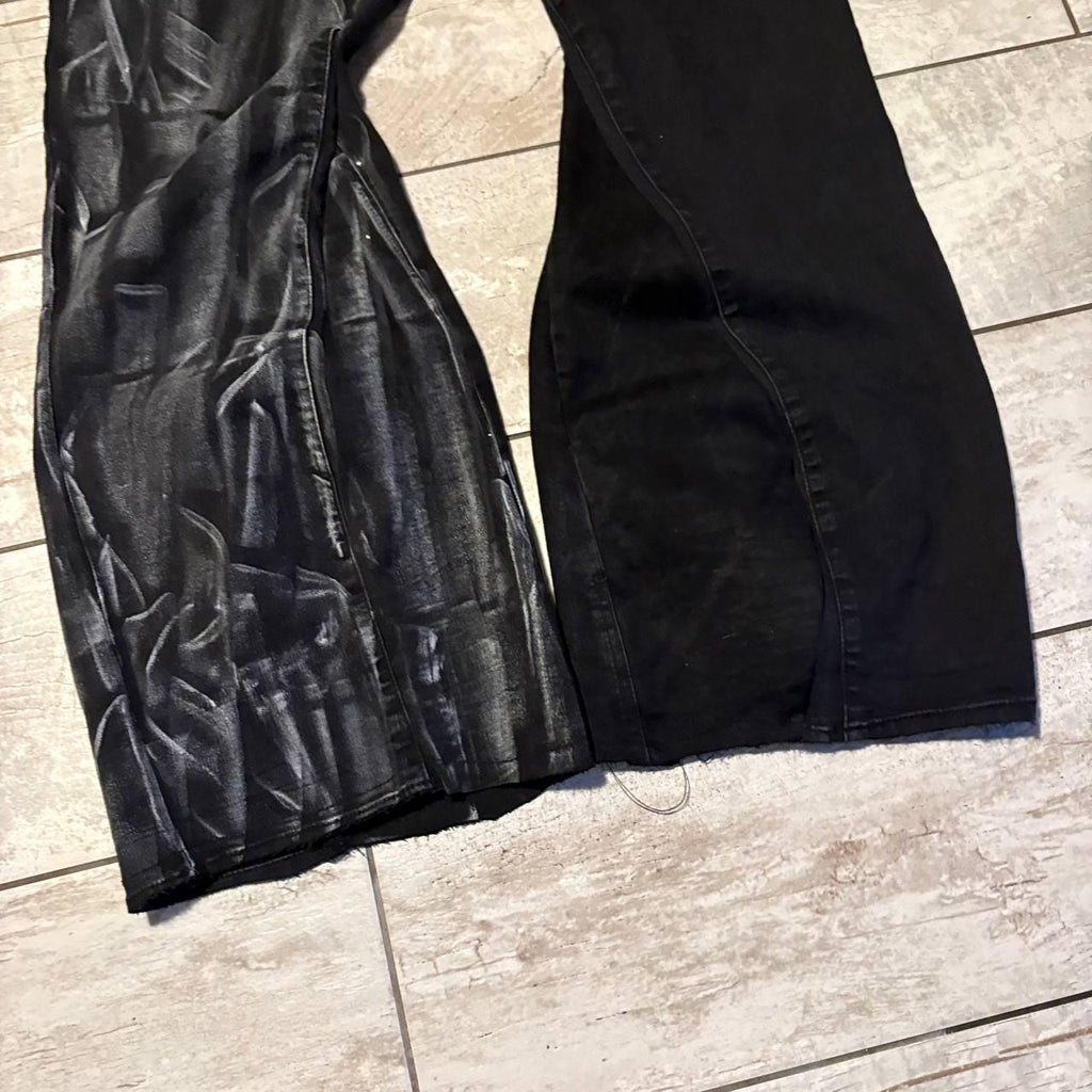 Ręcznie robione woskowane czarne spodnie z szerokimi nogawkami: Gotycki styl Y2K Alt Streetwear