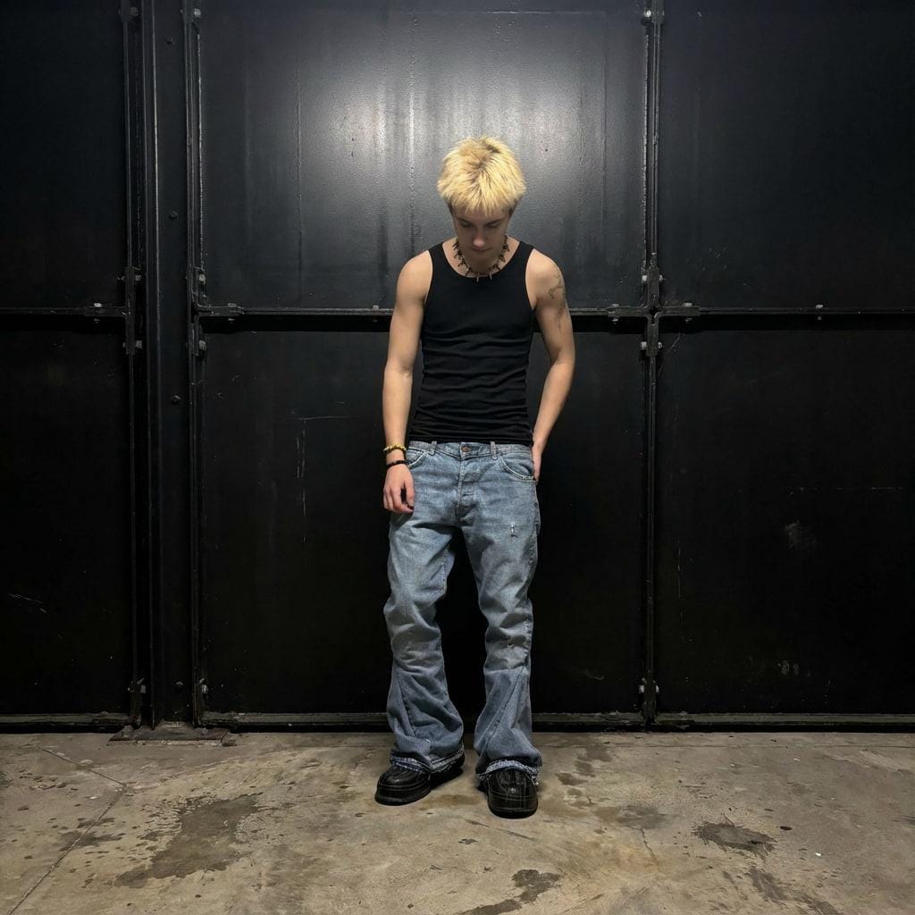 Jasnoniebieskie, spersonalizowane spodnie z szerokimi nogawkami: ręcznie robiony denim w stylu grunge