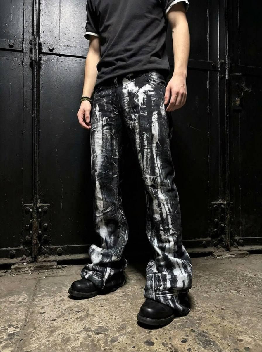 Malowane czarne dżinsy z szerokimi nogawkami: ręcznie robione spodnie w stylu grunge punk goth