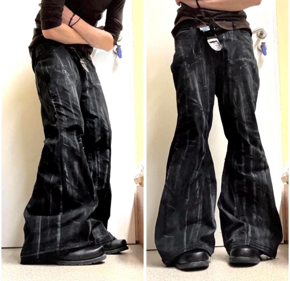 Ręcznie robione woskowane czarne jeansy dzwony: Goth Punk Y2K Streetwear