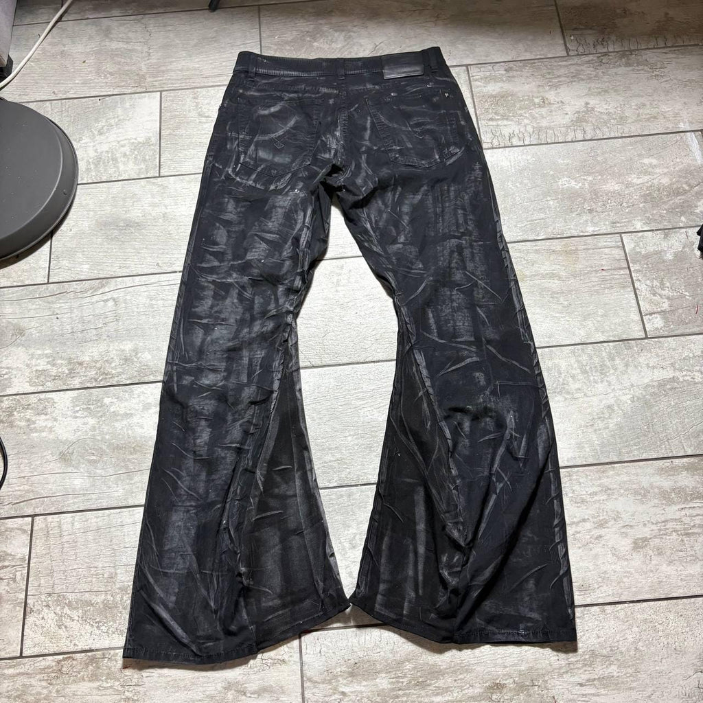 Czarne, woskowane, rozszerzane, ręcznie robione jeansy: Y2K Goth Punk Alt Streetwear