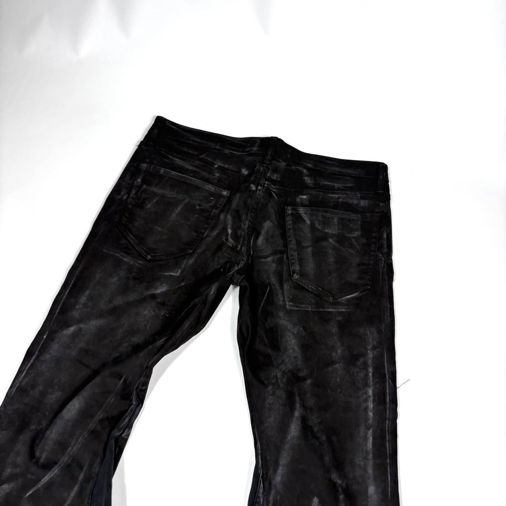 Ręcznie robione czarne woskowane rozszerzane jeansy: Streetwear w stylu grunge z epoki Y2K