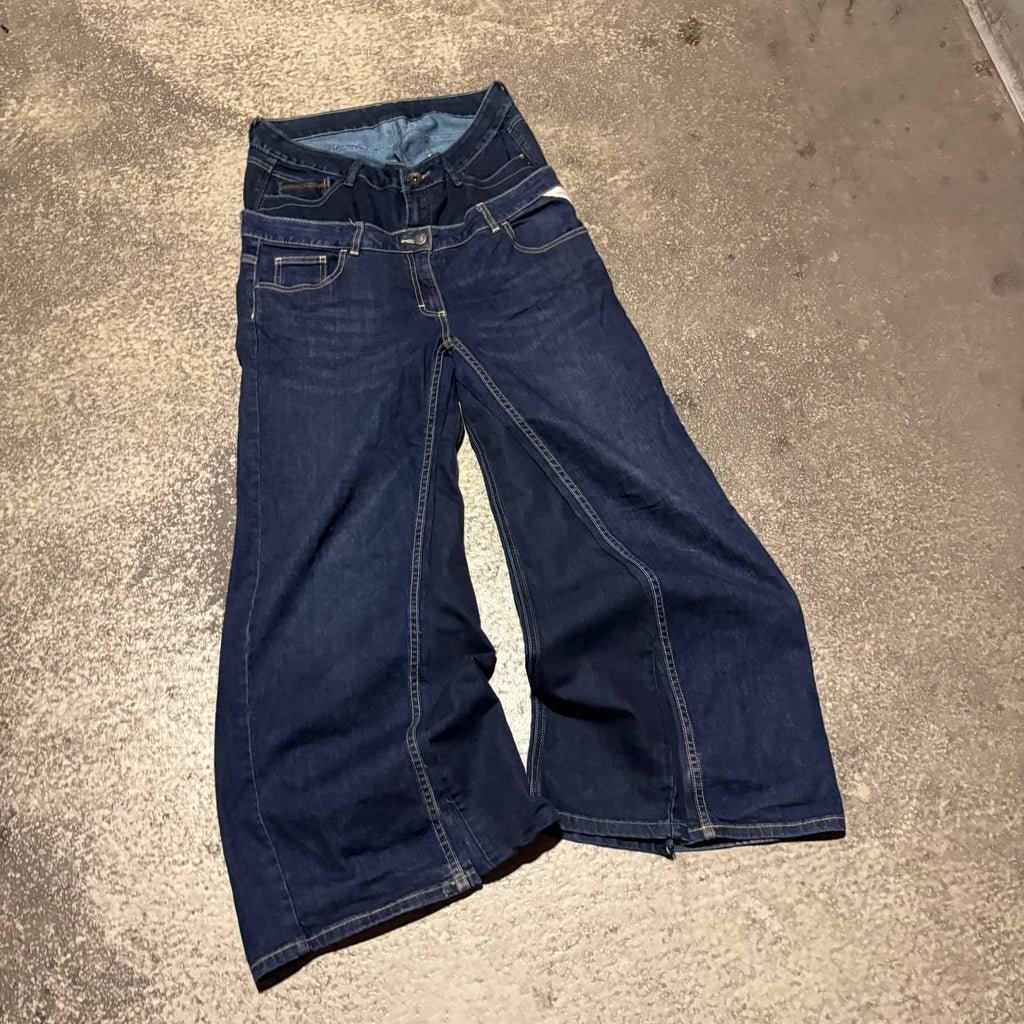 Ręcznie robione niebieskie jeansy z szerokimi nogawkami: Y2K Goth Punk Alt Streetwear