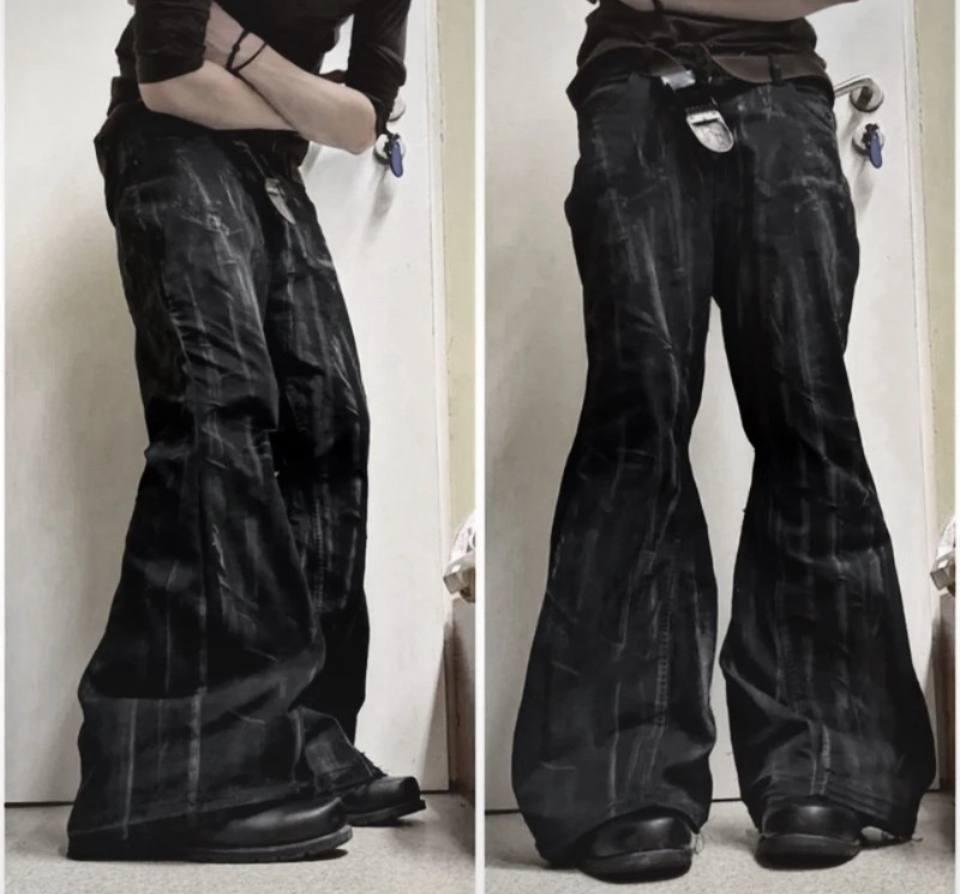 Spodnie z szerokimi nogawkami w kolorze czarnym, woskowanym – ręcznie robione, w stylu grunge Y2K, luźne, rozkloszowane dżinsy, alternatywa dla streetwearu