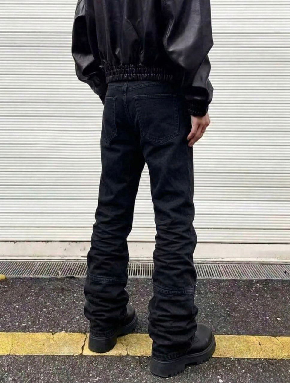 Black Stacked Flared Denim